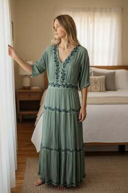 böhme Green Sage Floral Embroidered Tiered Maxi Dress